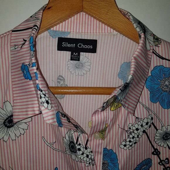 SILENT CHAOS Pink White Stripped Blouse with Blue, Yellow & Black Flowers MEDIUM - Picture 4 of 10